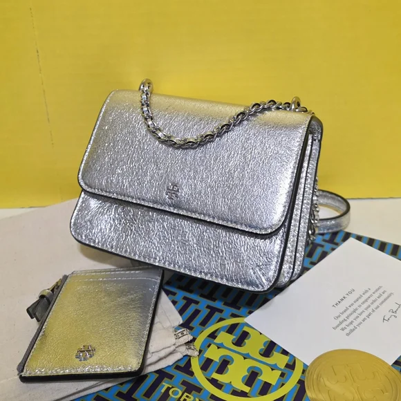 !!2PCS!! Tory Burch Metallic Silver Crossbody Bag & Card Case - Picture 3 of 11
